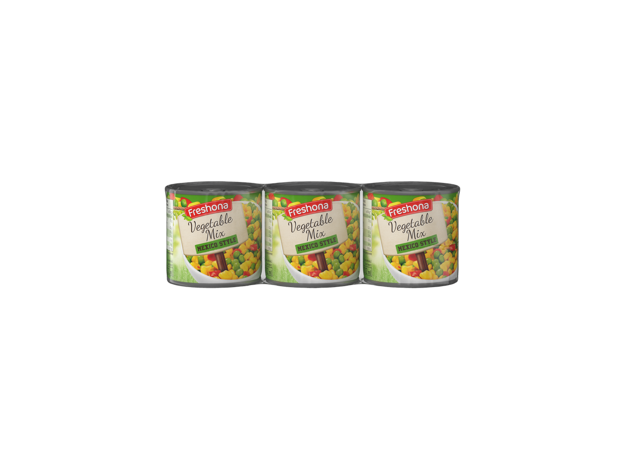 Trei conserve de amestec de legume Fresbona, stil mexican.