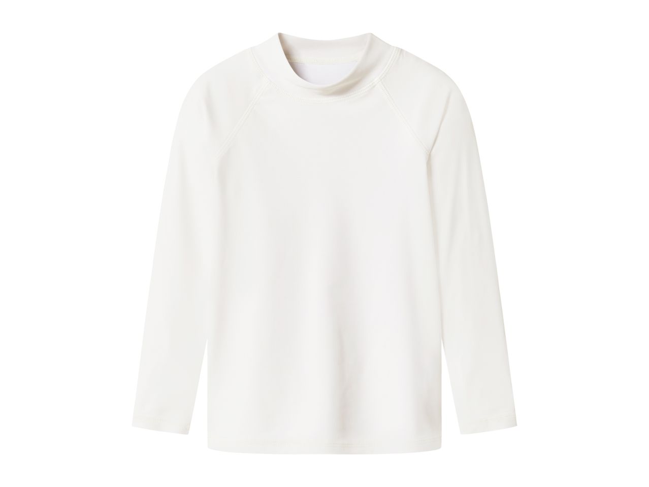 White long-sleeved rash guard with a mock neck, suitable for swimwear or activewear.