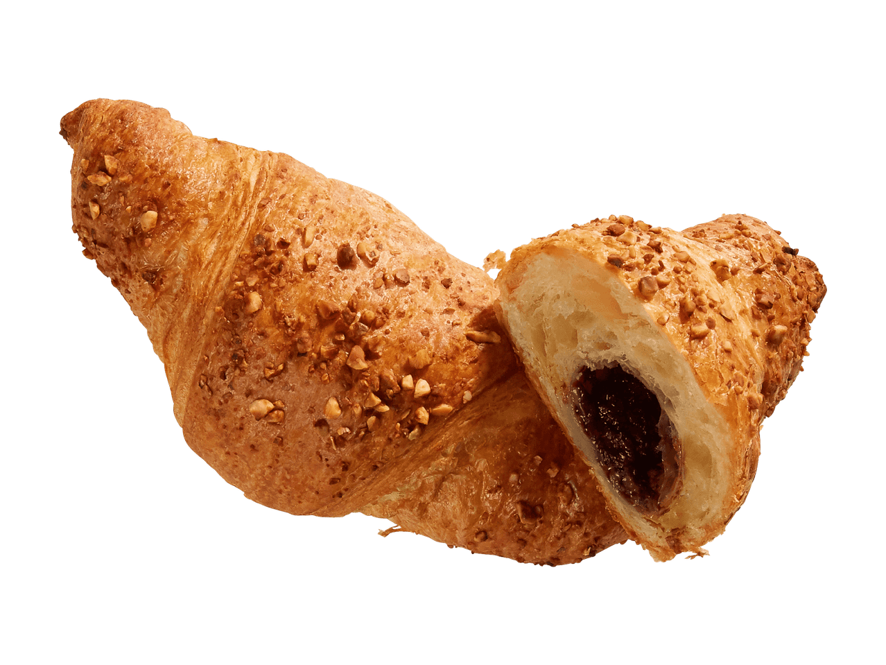 Haselnuss-Schoko-Croissant, halbiert, auf grünem Hintergrund.