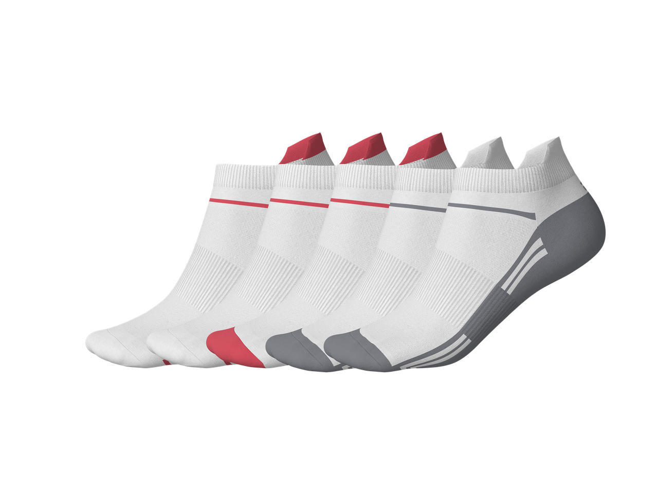 Lot de cinq paires de chaussettes de sport blanches avec des accents rouges et gris.