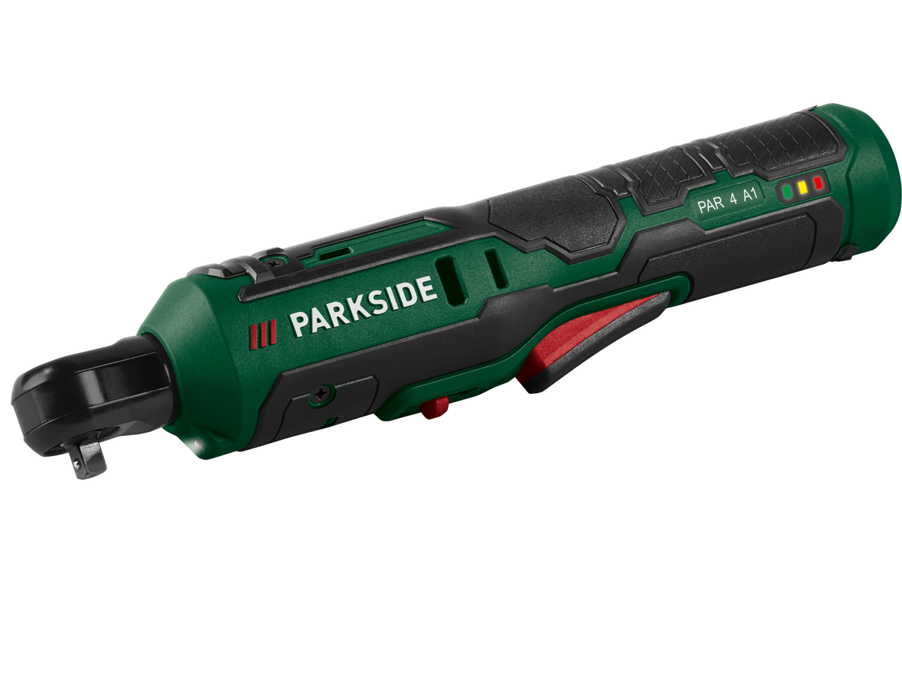 Parkside® 4 V akureket, roheline ja must, punase nupu ja PAR 4 A1 indikaatoriga.