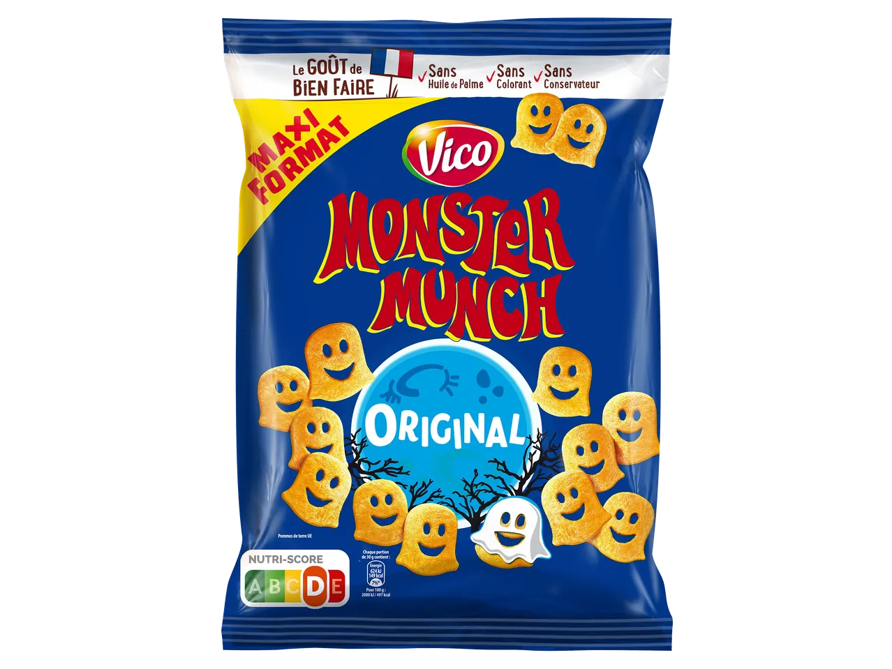 Paquet de chips saveur Original en forme de fantômes souriants, avec Nutri-Score D.