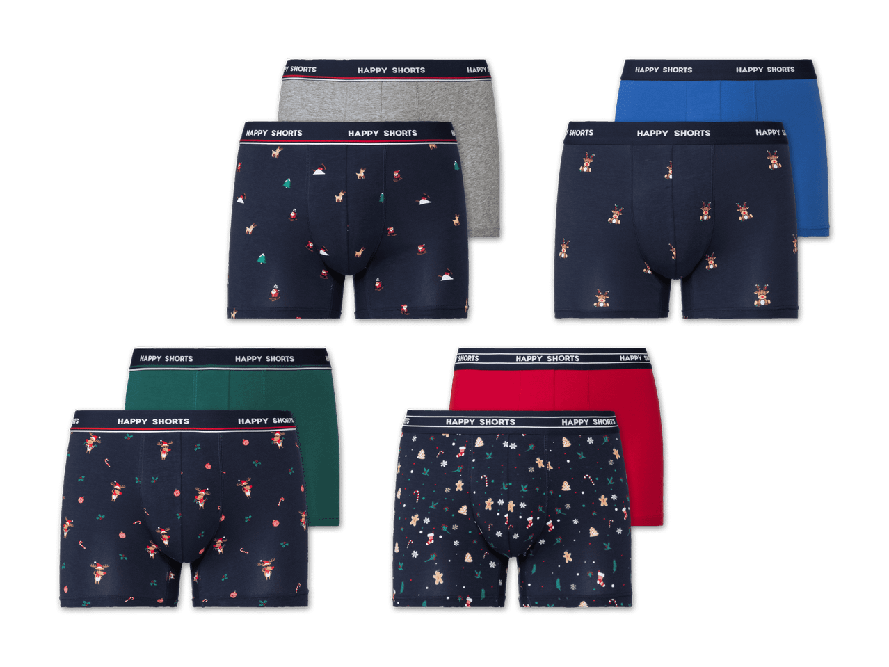 Mehrere Happy Shorts Boxershorts in verschiedenen Farben und Mustern, darunter Weihnachtsdesigns.