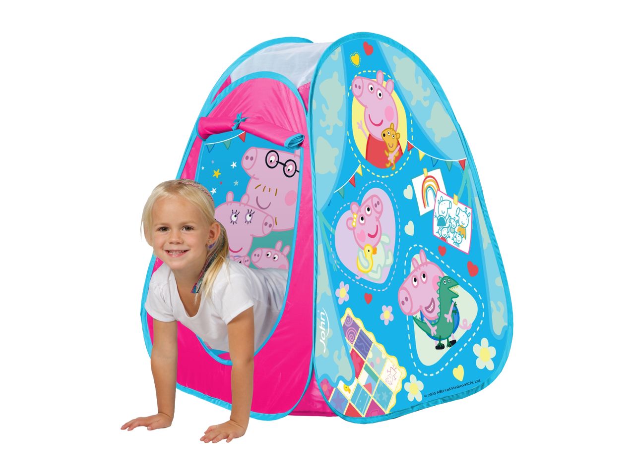 Girl crawling out of a pink and blue play tent with cartoon pig characters.