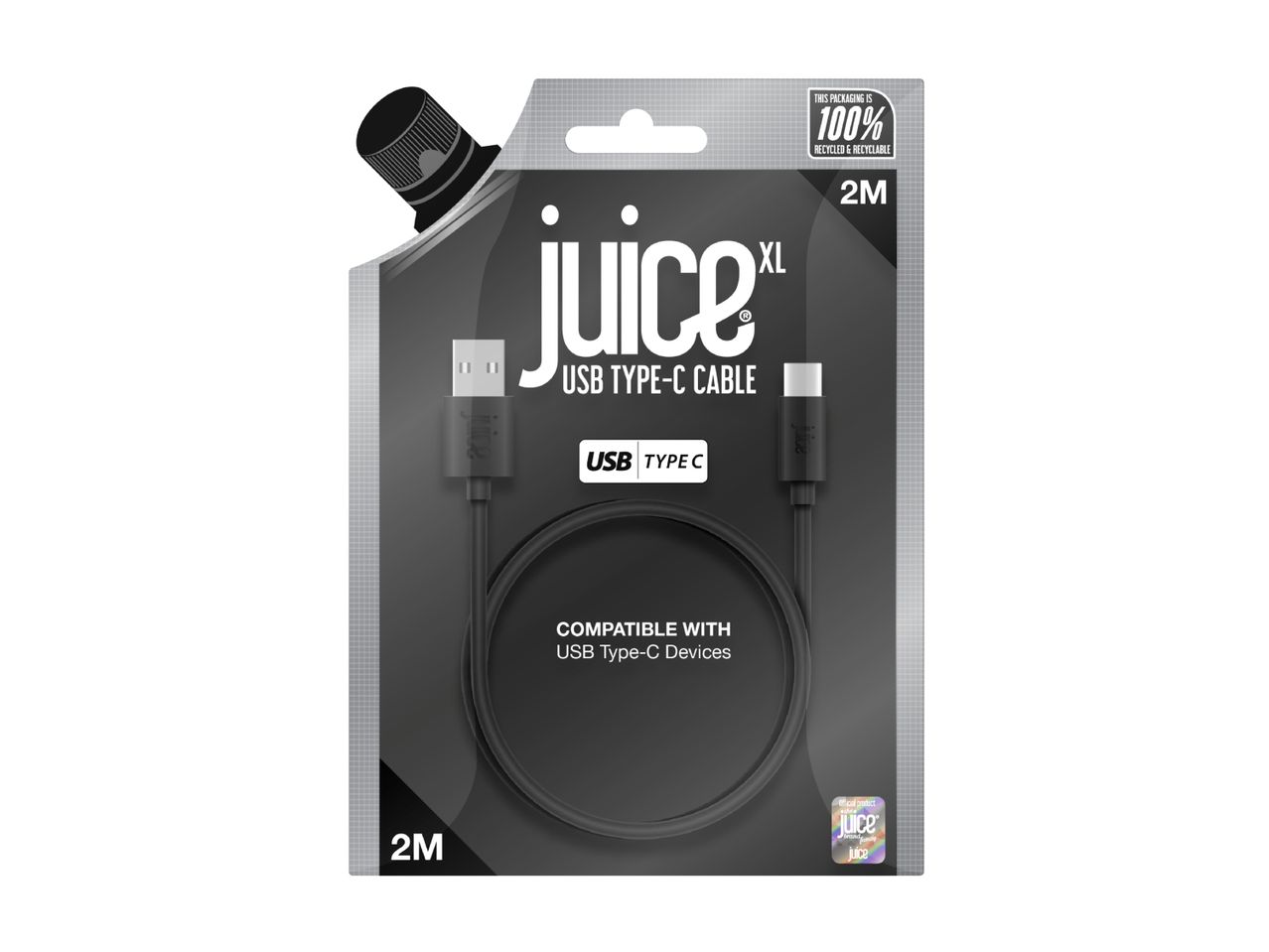 Juice XL USB Type-C cable, 2m, in 100% recycled and recyclable packaging.