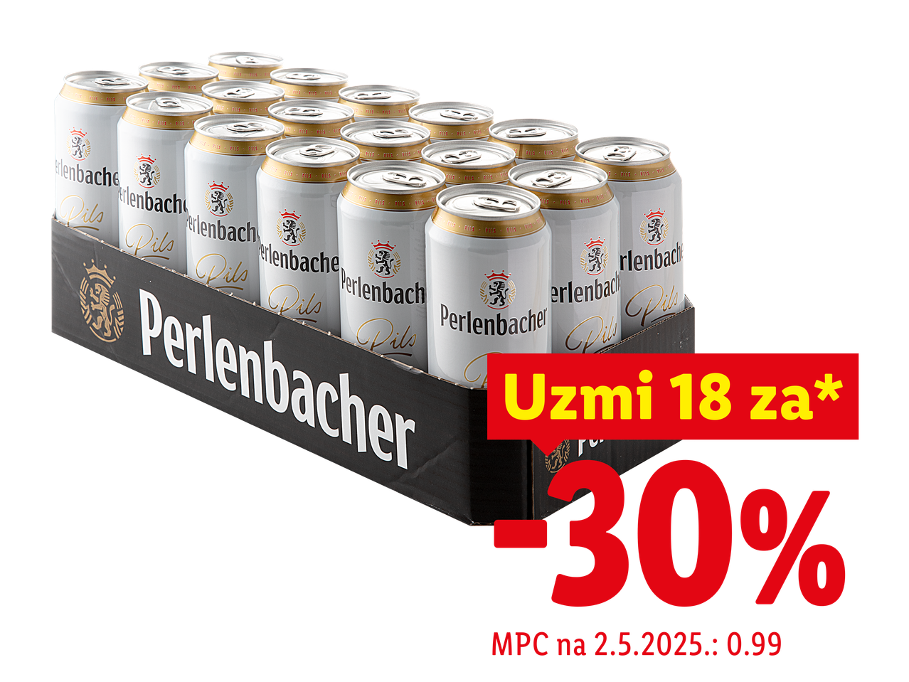 Pakiranje od 18 limenki piva s popustom od 30% i cijenom od 0.99 na dan 2.5.2025.