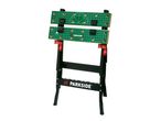 A Parkside workbench with two green work surfaces and black metal legs.