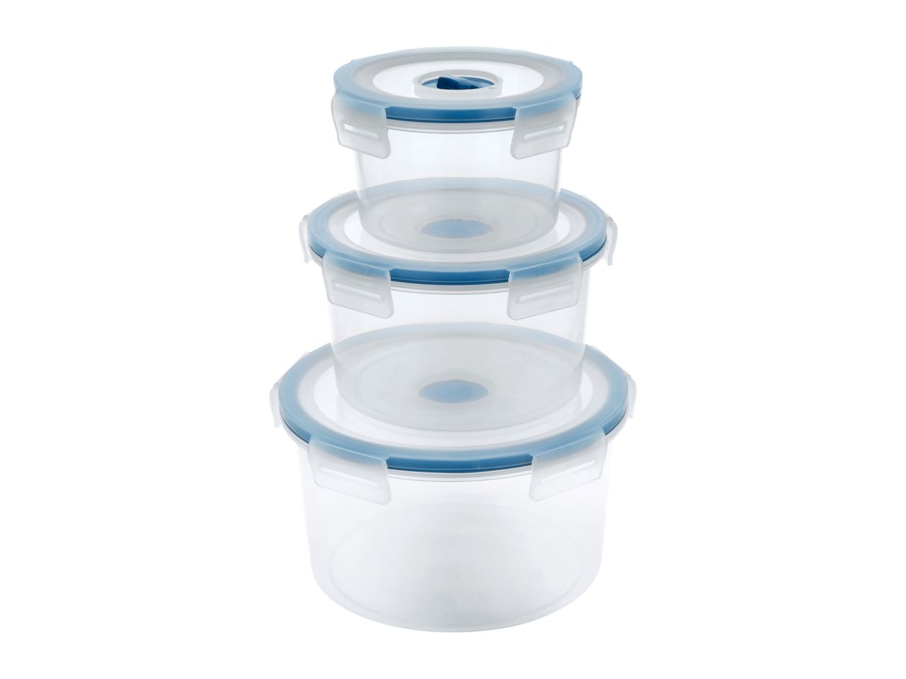 Three round, stackable plastic food storage containers with blue-rimmed locking lids