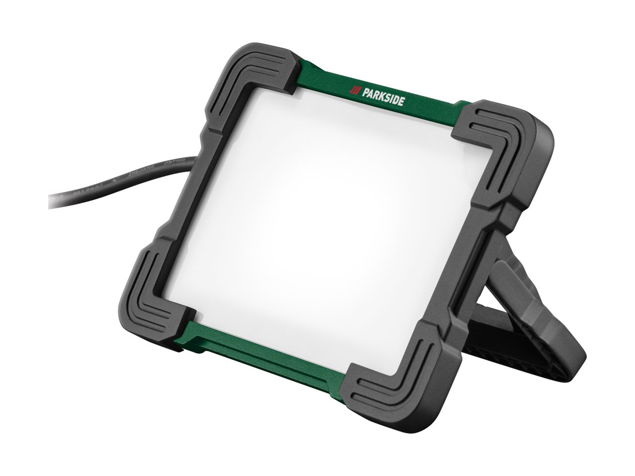Portable LED work light with a green frame and black protective corners.
