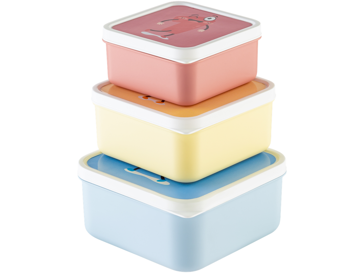 Stack of three colorful LIVARNO home lunch boxes with cartoon lids