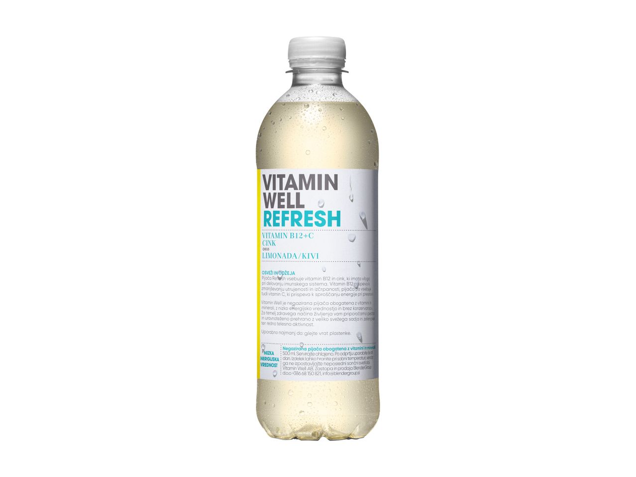 Steklenica pijače Vitamin Well Refresh z okusom limone in kivija.