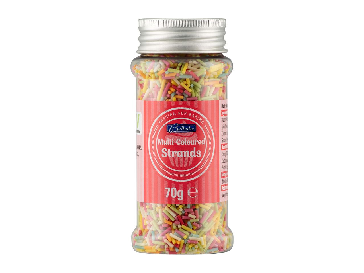 Jar of Belbake multi-coloured strands for baking.