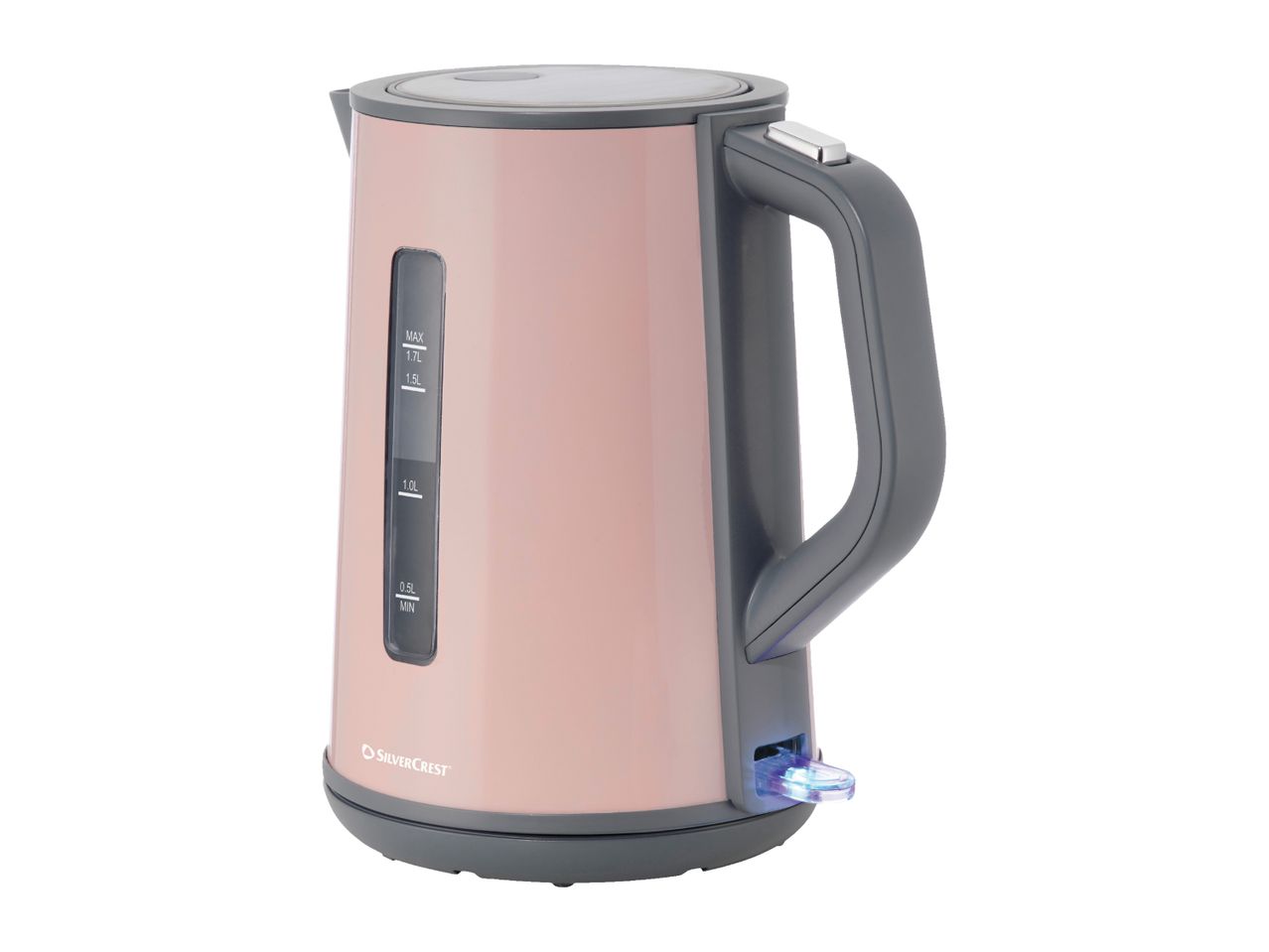 A rose gold SilverCrest electric kettle with a water level indicator and blue light.