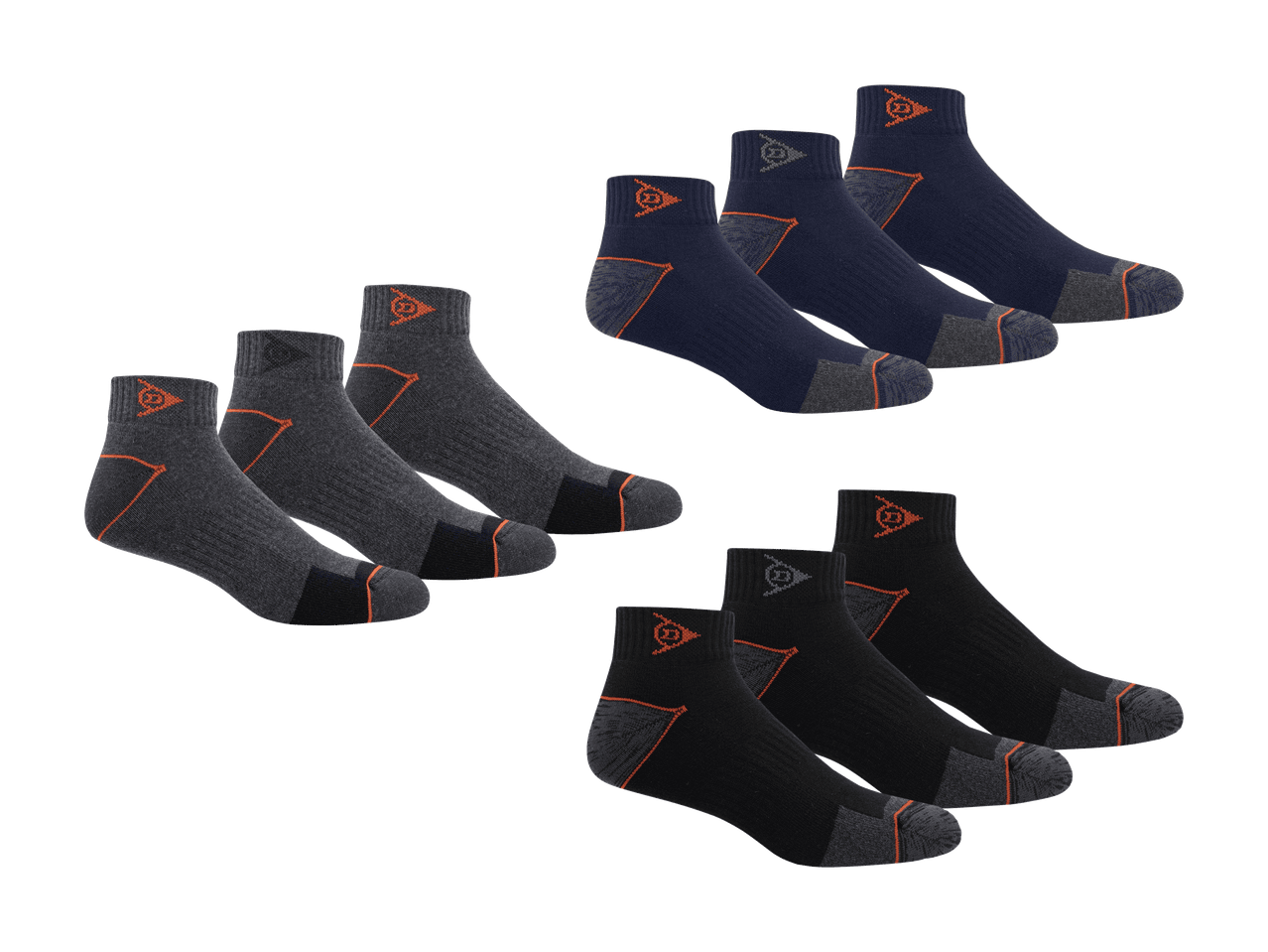 Neuf paires de chaussettes noires, grises et bleu foncé avec des accents orange.
