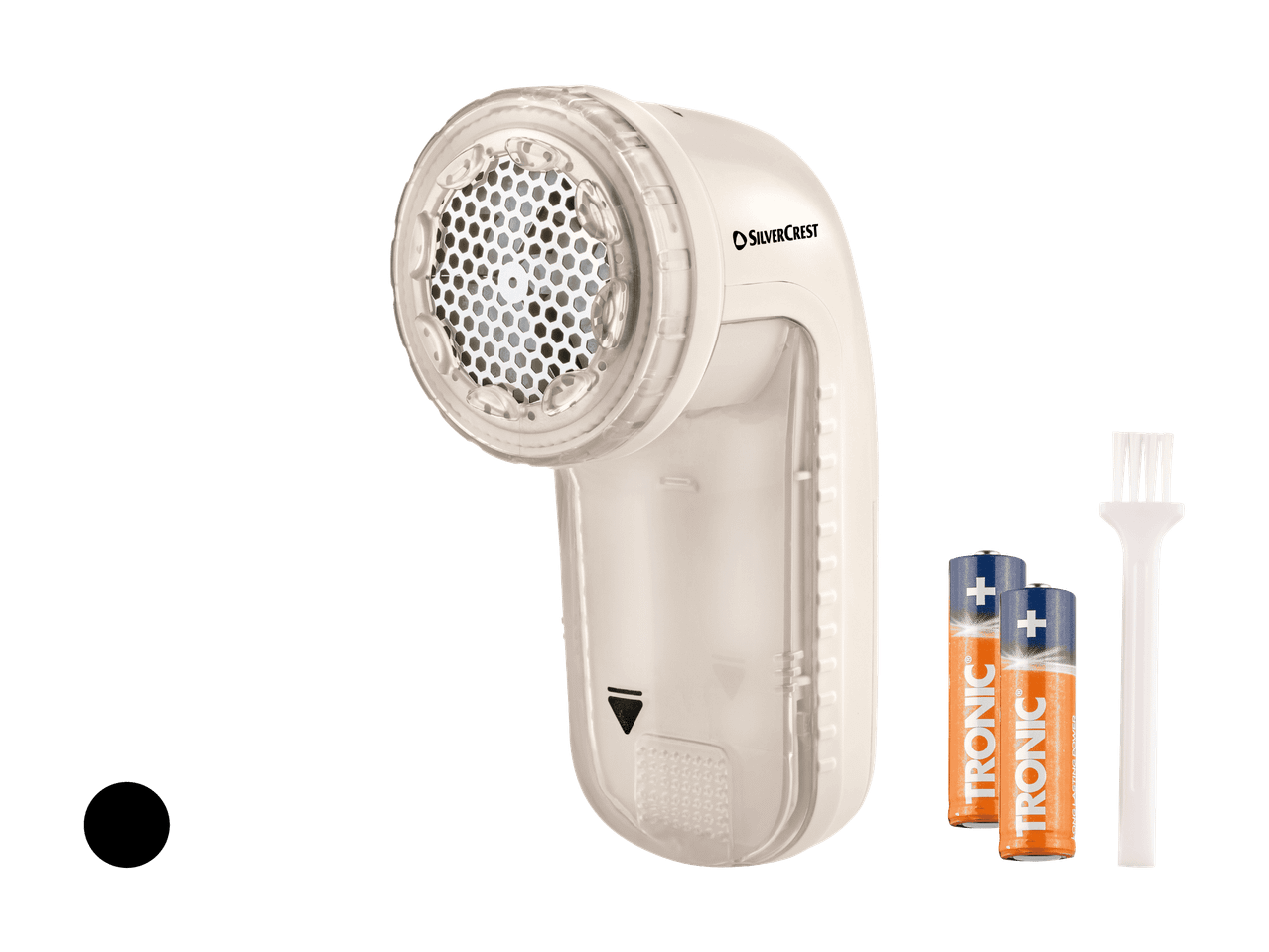 Anti-bouloches électrique avec deux piles et une brosse de nettoyage.