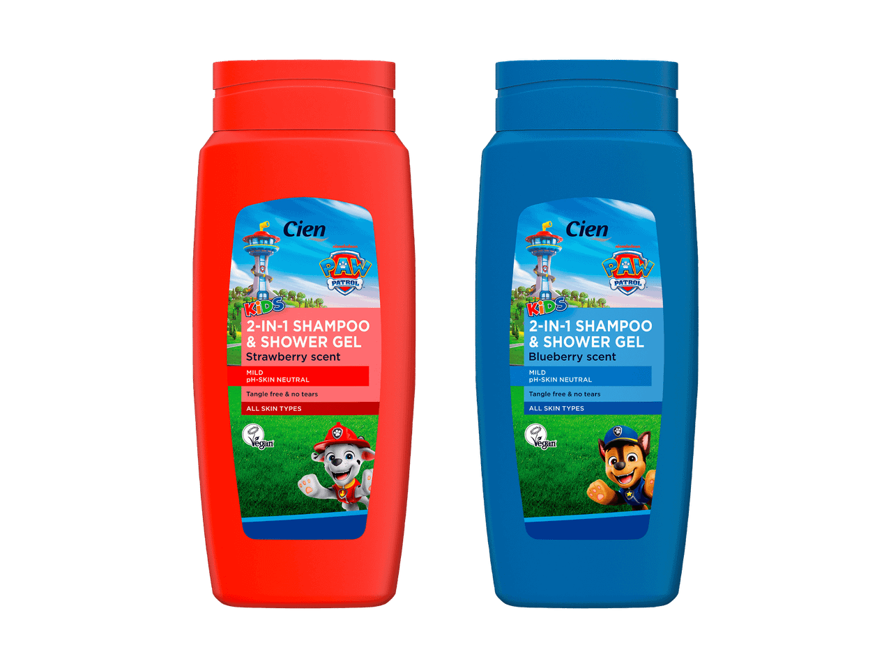 Shampooing et gel douche 2-en-1 pour enfants aux parfums fraise et myrtille, avec les personnages de Pat' Patrouille.