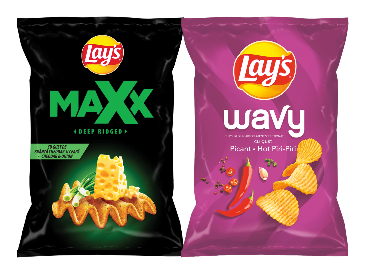 Două pungi de chipsuri: una neagră cu brânză cheddar și ceapă, alta mov cu gust picant de Piri-Piri.