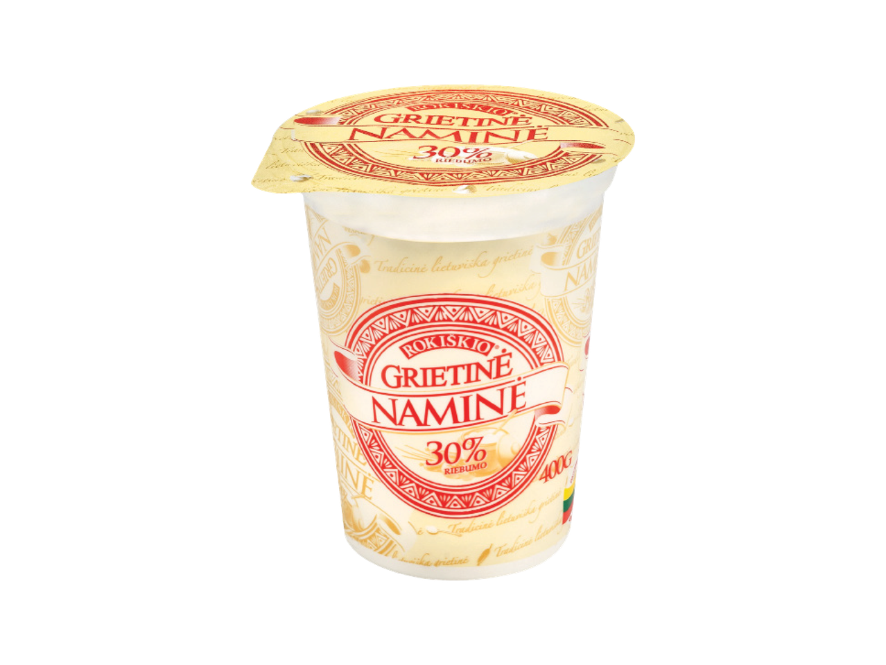 Grietinės indelis su užrašu „Grietinė Naminė 30% riebumo 400g“.