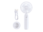 White USB rechargeable mini fan with stand.