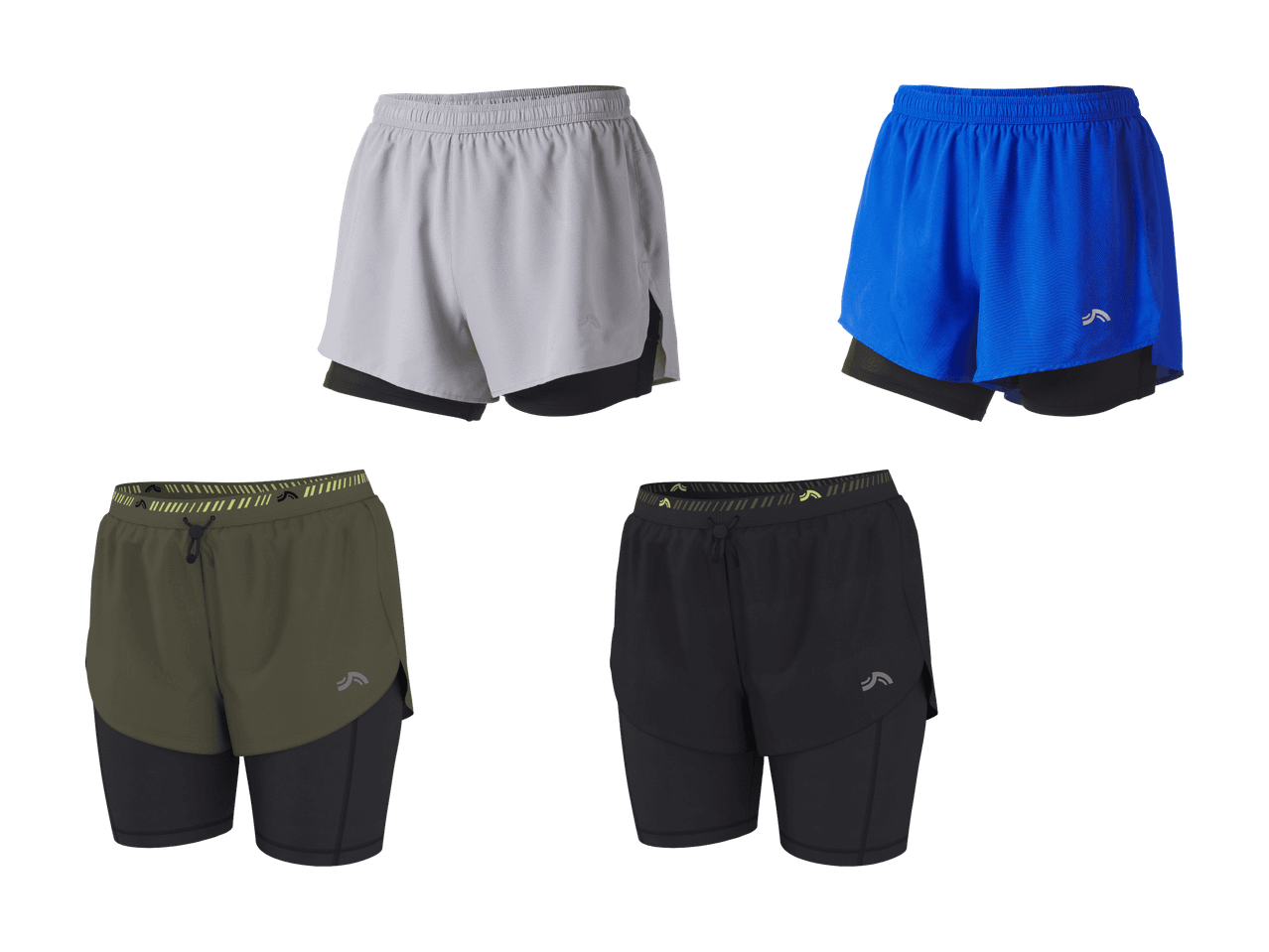 Pantaloncini sportivi da uomo in grigio, blu, verde militare e nero.