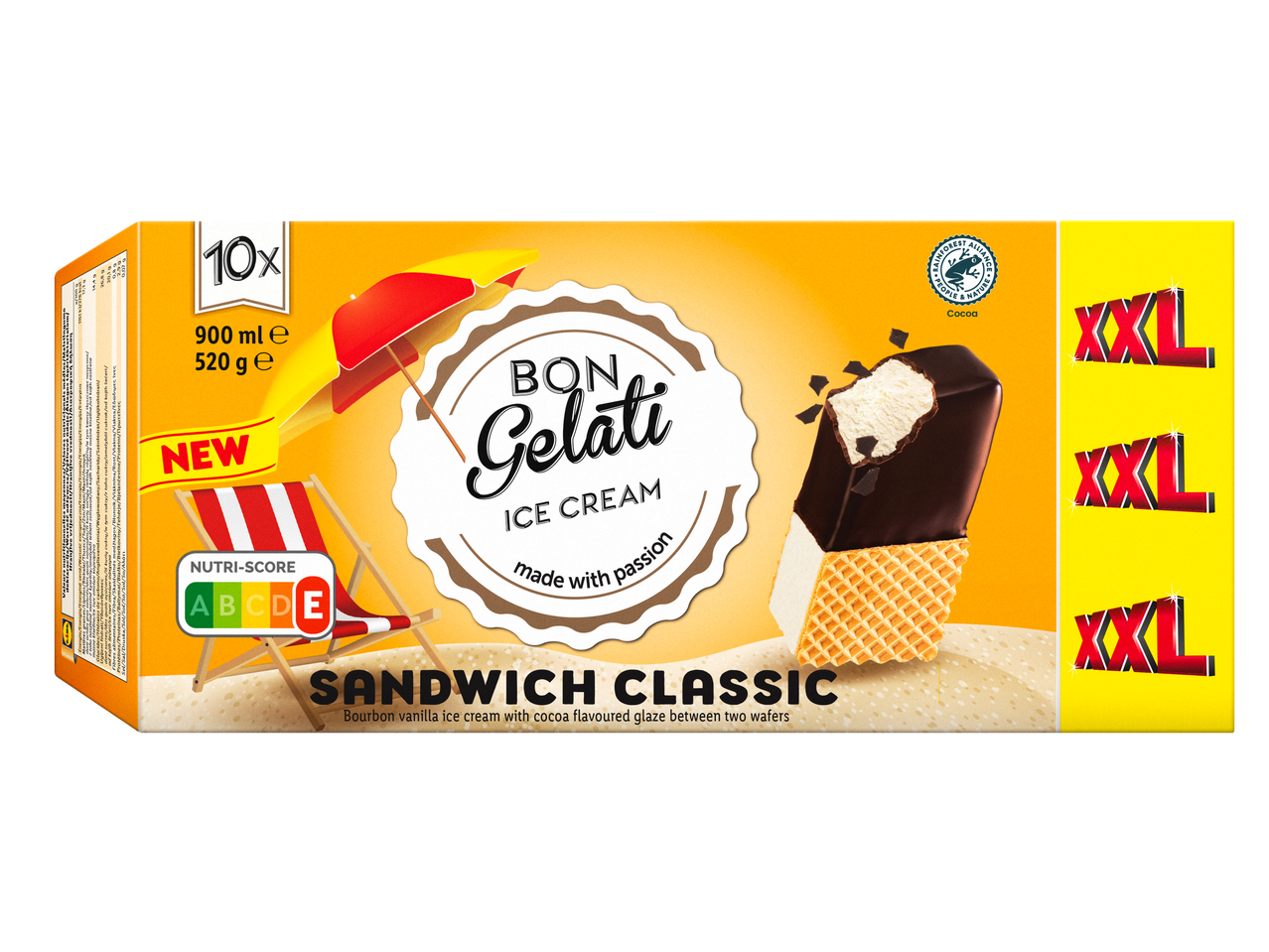 Caixa com 10 picolés Bon Gelati sabor Sandwich Classic, XXL.