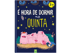 Livro infantil 'É Hora de Dormir na Quinta' com porcos, coelhos e pássaros a dormir.