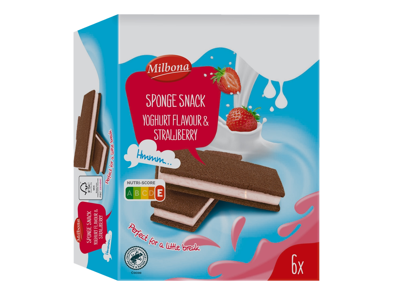 Snack de bolo Milbona com sabor a iogurte e morango, embalagem de 6 unidades.