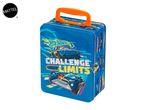 Blue metal lunchbox with an orange handle, featuring racing cars and the text 'CHALLENGE YOUR LIMITS'.