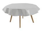 Round table with a white, shiny tablecloth and wooden legs.