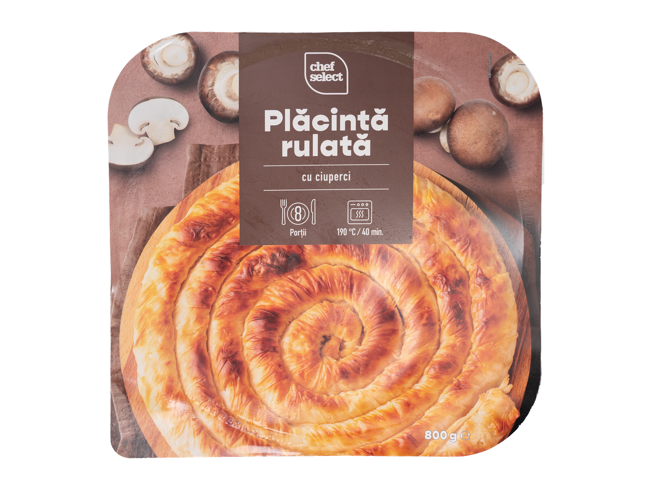 Chef Select Plăcintă rulată cu ciuperci, 800g, cu instrucțiuni de preparare.