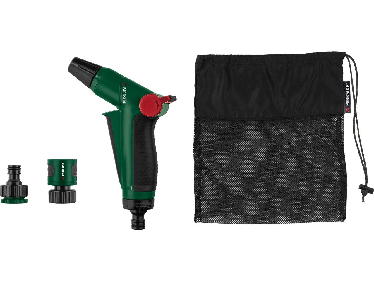 PARKSIDE dārza šļūtenes smidzinātājs, savienotāji un tīkla soma.