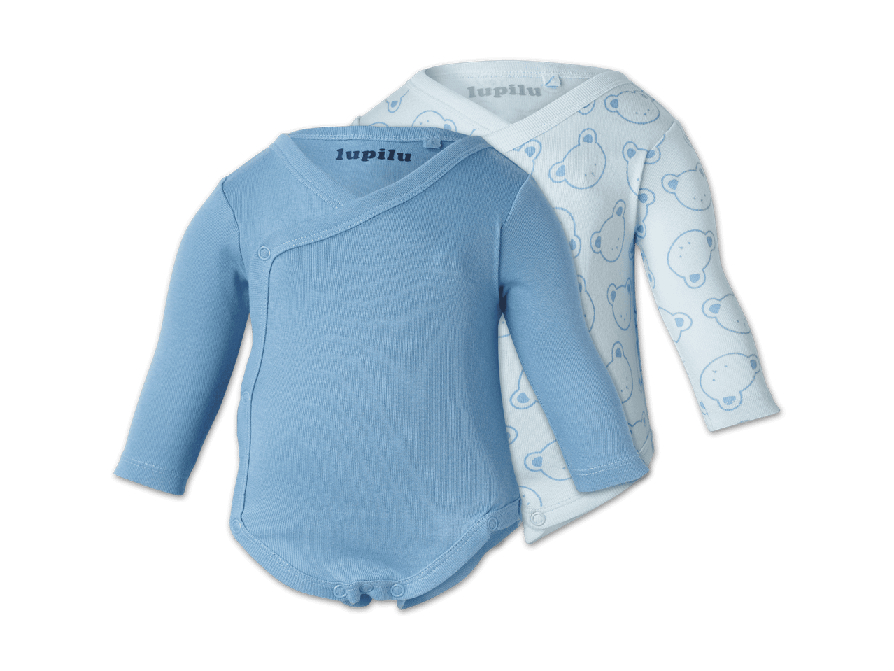 Zwei Baby-Bodys, einer hellblau und der andere weiß mit blauen Bärenmotiven.