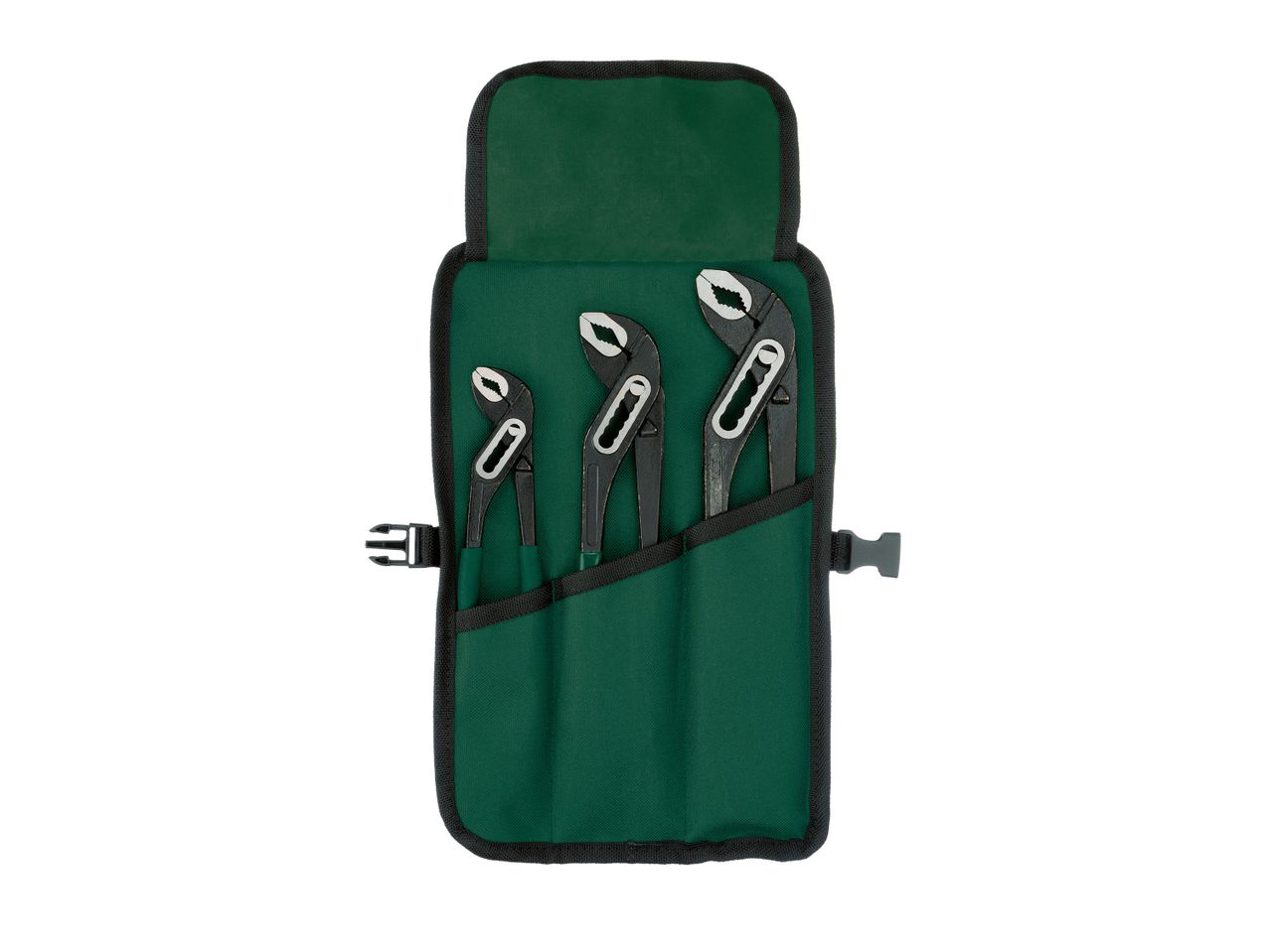 Set di tre pinze regolabili in una custodia arrotolabile verde.