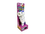 White unicorn popper toy in packaging, with text indicating it squeezes to pop and includes soft foam balls.
