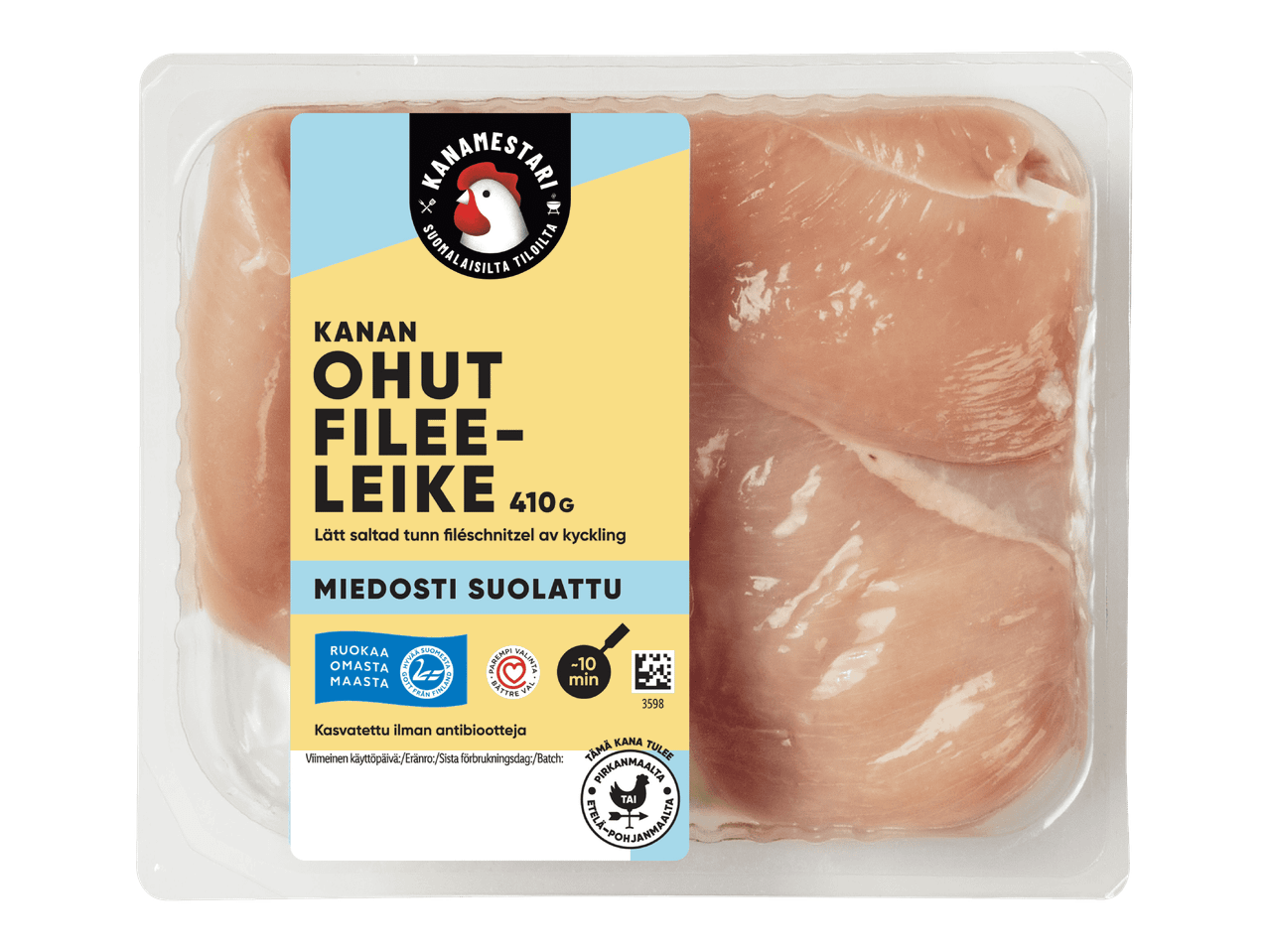 Pakkaus ohuita kanan fileeleikkeitä, joissa on mieto suolaus.