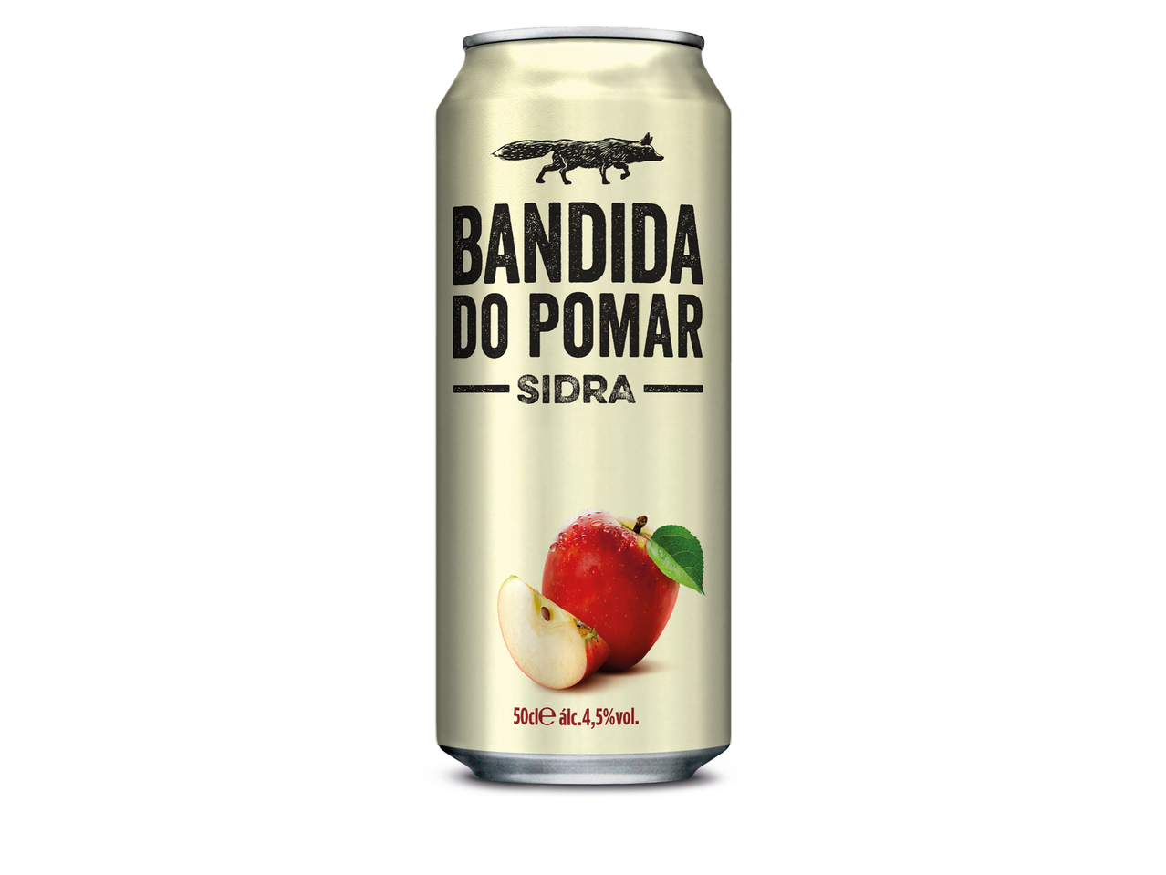 Lata de sidra de maçã Bandida do Pomar com logo de raposa e ilustração de maçã.