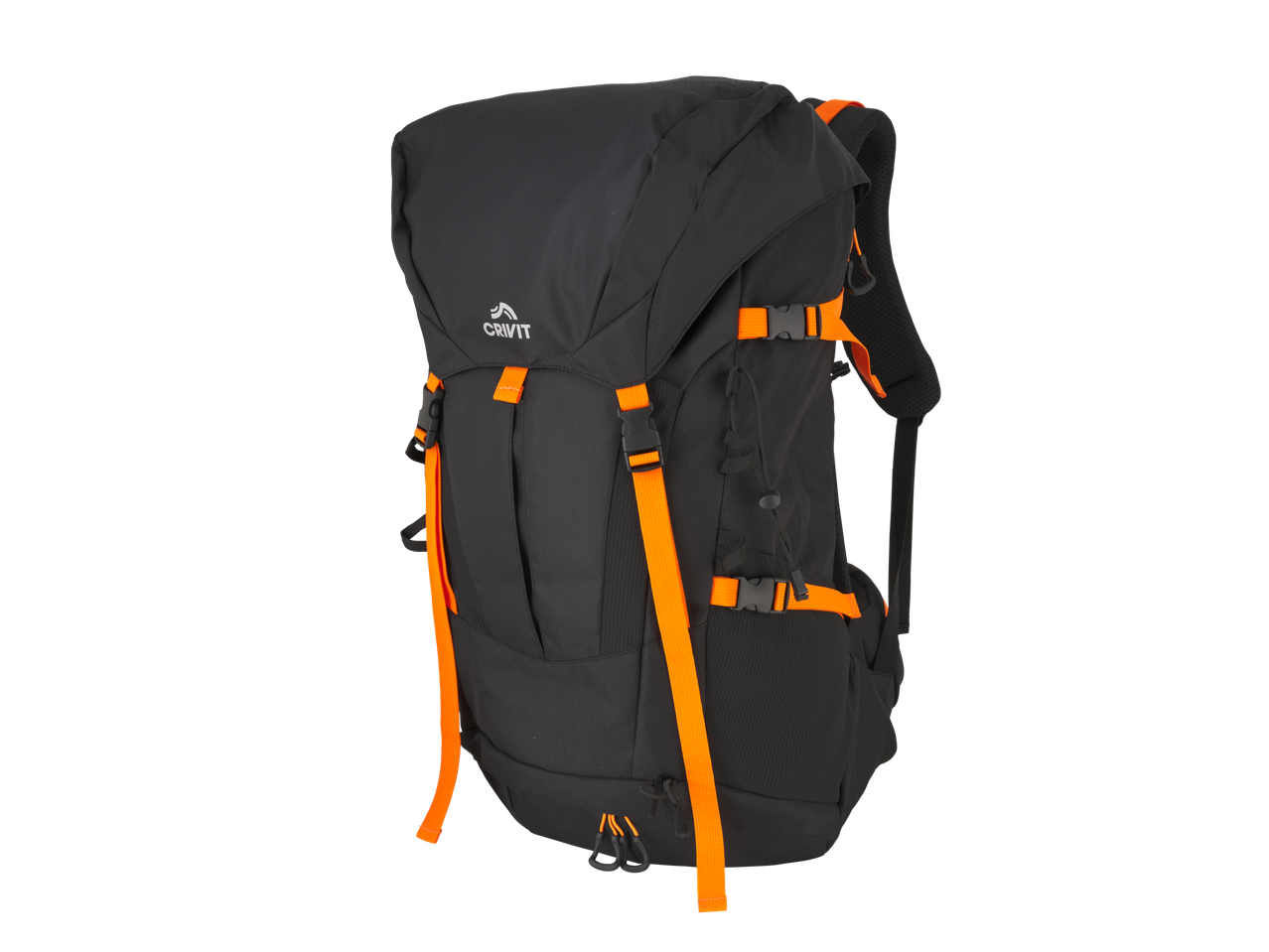 Crivit Wanderrucksack in Schwarz mit orangefarbenen Gurten.