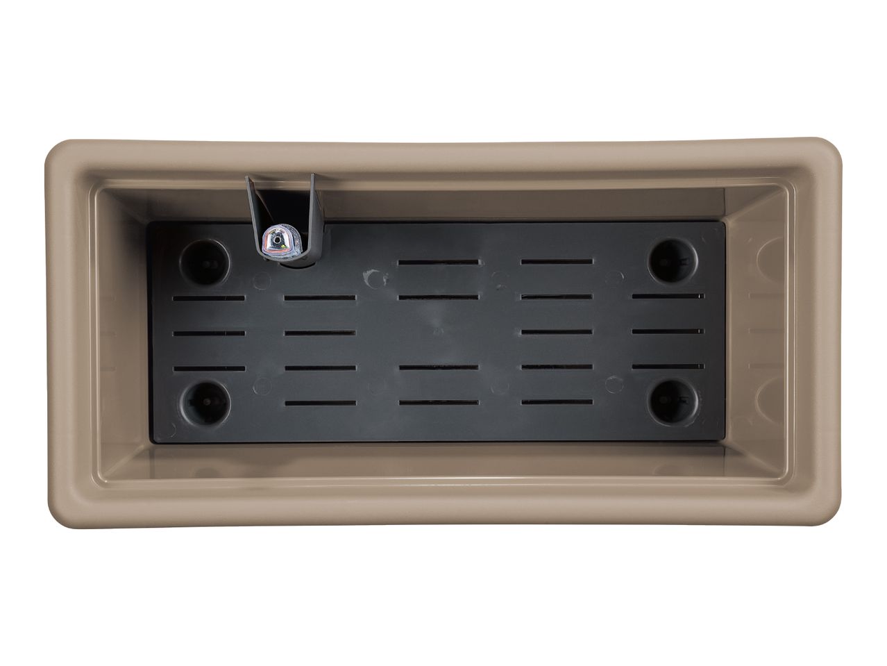 Top-down view of a rectangular beige planter with a dark gray insert and a water level indicator.