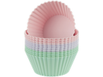 Conjunto de forminhas de silicone para muffins em cores pastel.