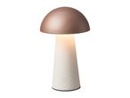 Mushroom-shaped table lamp with a rose gold top and a white base, emitting a warm glow.