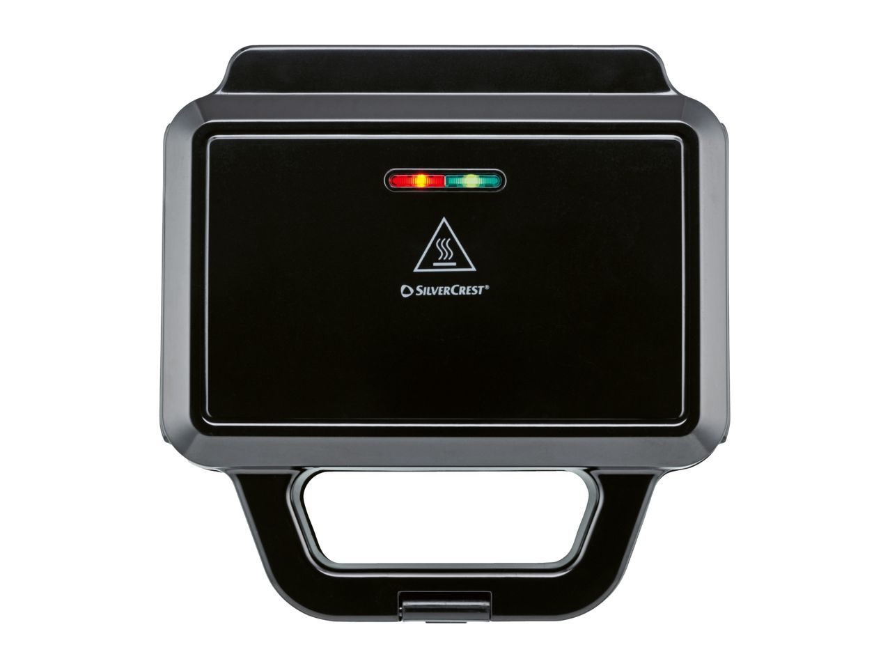 Black sandwich maker with red and green indicator lights and a hot surface warning symbol.