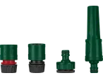 Four green garden hose connectors and a spray nozzle, with one connector featuring a red stop mechanism.