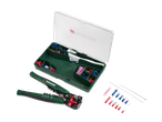 A Parkside crimping tool, a storage box with various electrical connectors, and cable ties.