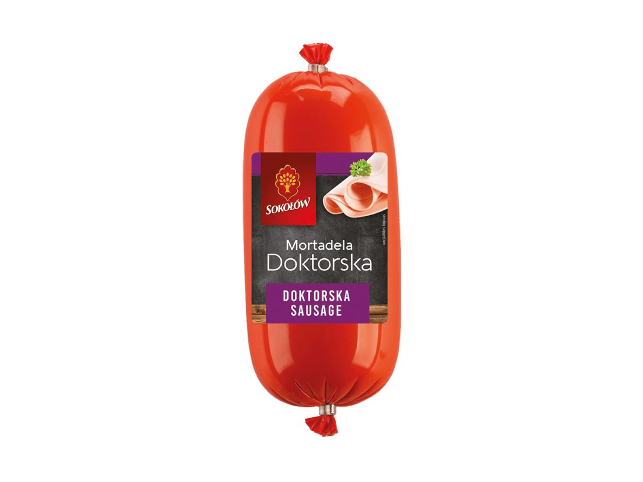 Red sausage chub with a label showing sliced mortadella and text 'Mortadela Doktorska Doktorska Sausage'