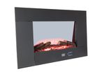 Black electric fireplace with glowing logs and digital controls, angled view.