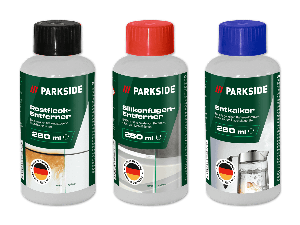 Drei Flaschen Parkside-Reiniger: Rostentferner, Silikonfugenentferner und Entkalker.
