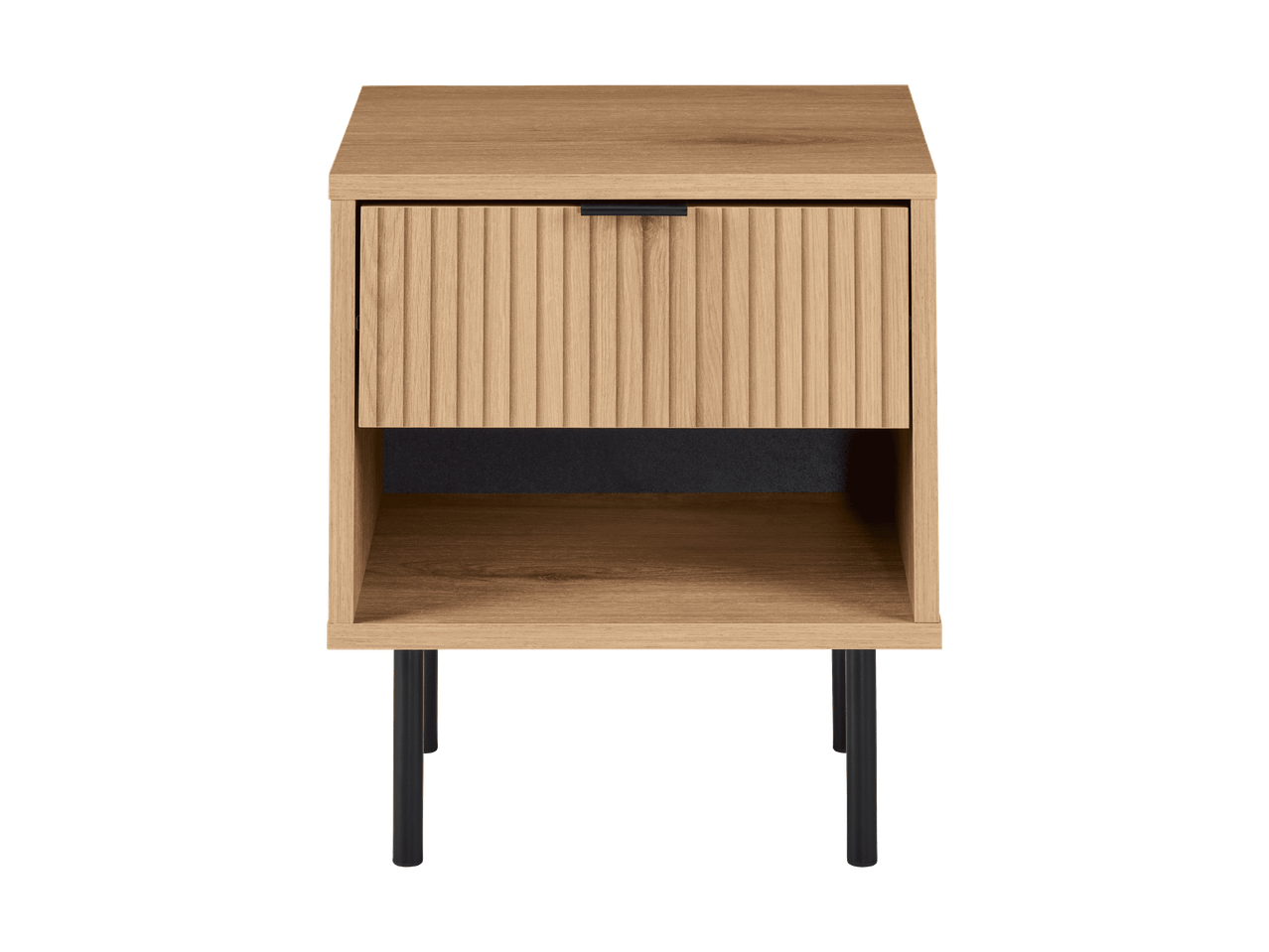 Moderner Nachttisch aus Holz mit einer Schublade, offenem Fach und schwarzen Metallbeinen.