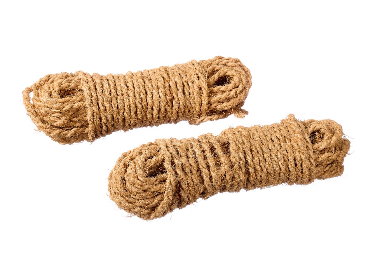 Two bundles of natural coir rope on a white background