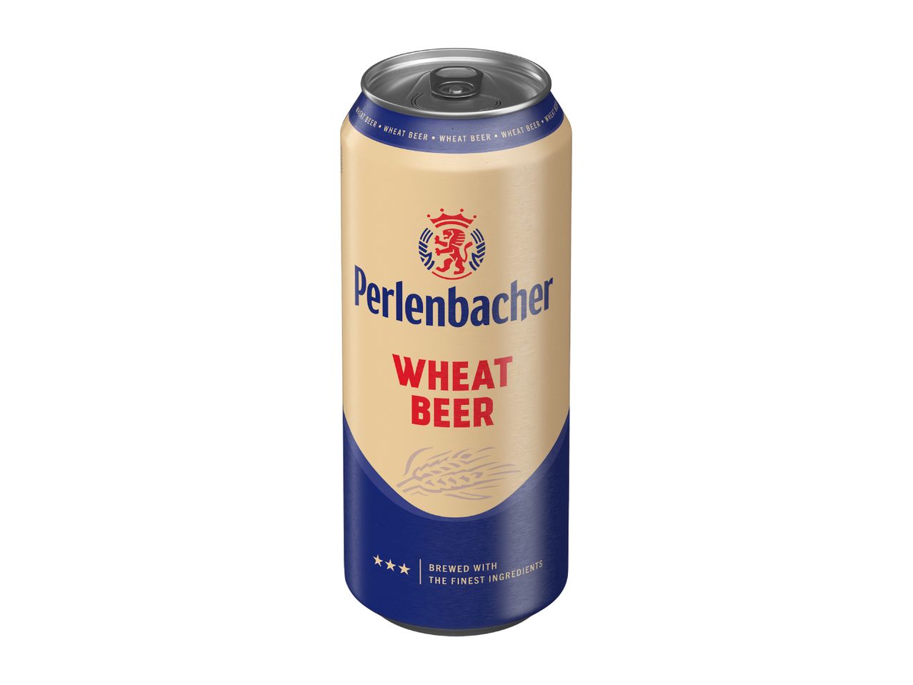 A 500ml can of wheat beer with a beige and blue design.
