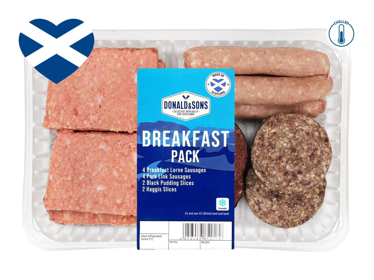 Donald & Sons Breakfast Pack with Lorne sausages, pork link sausages, black pudding, and haggis slices.